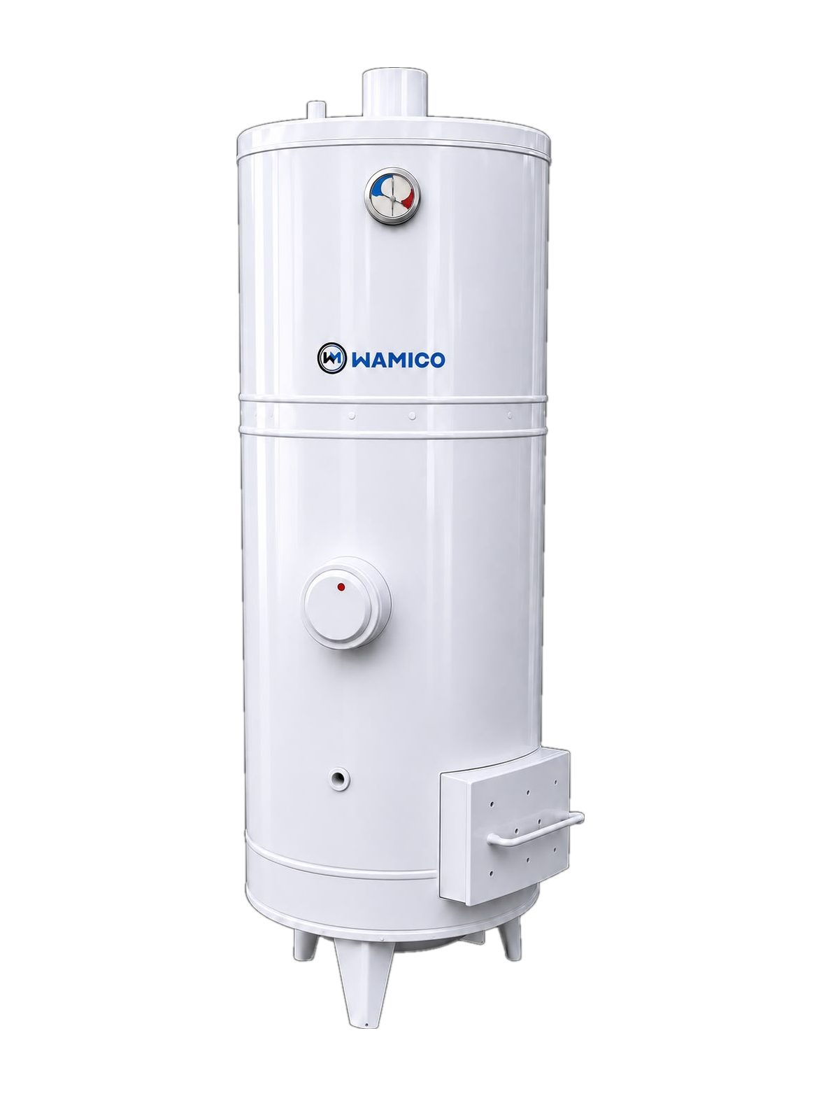 Chauffe-eau à bois WAMICO avec appoint électrique : thermostat à molette et coffret de raccordement sur le flanc