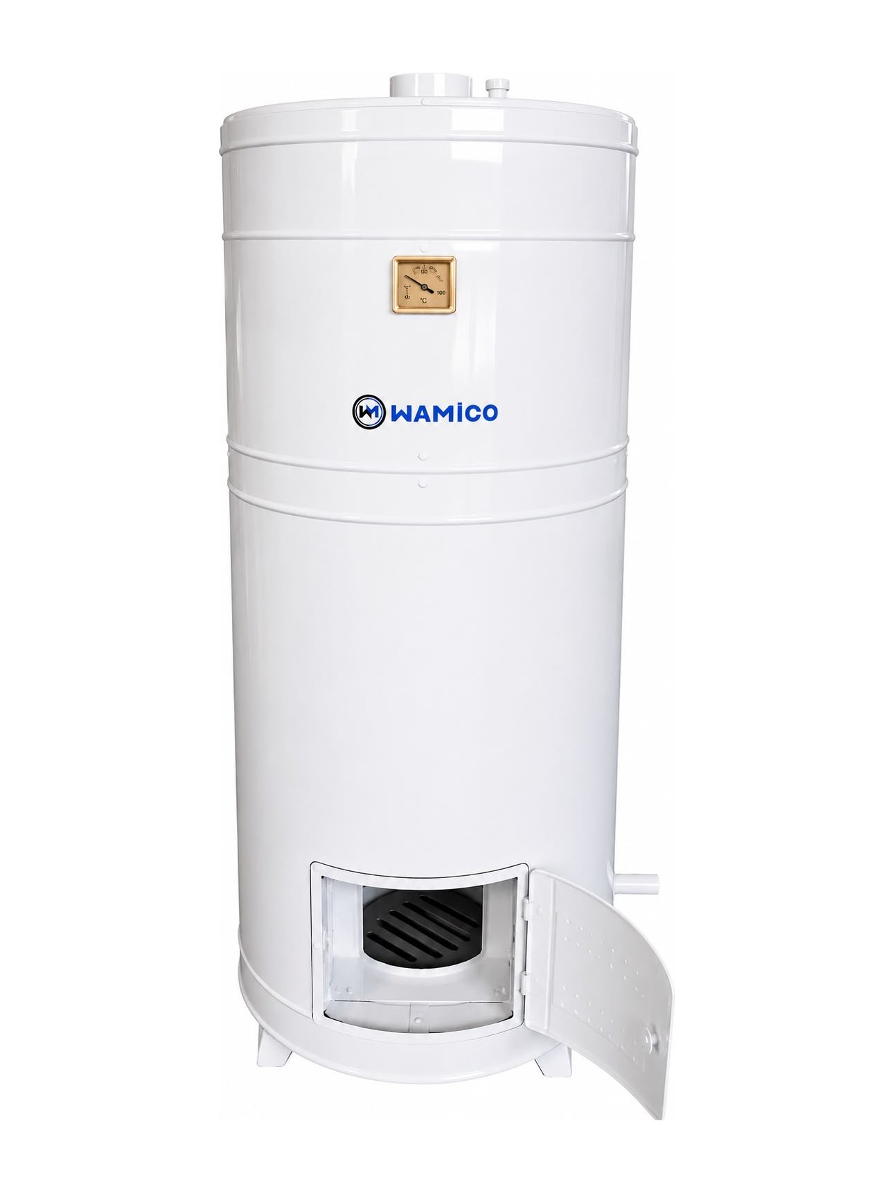 Chauffe-eau à bois WAMICO sans appoint électrique, porte de foyer ouverte sur la grille de combustion