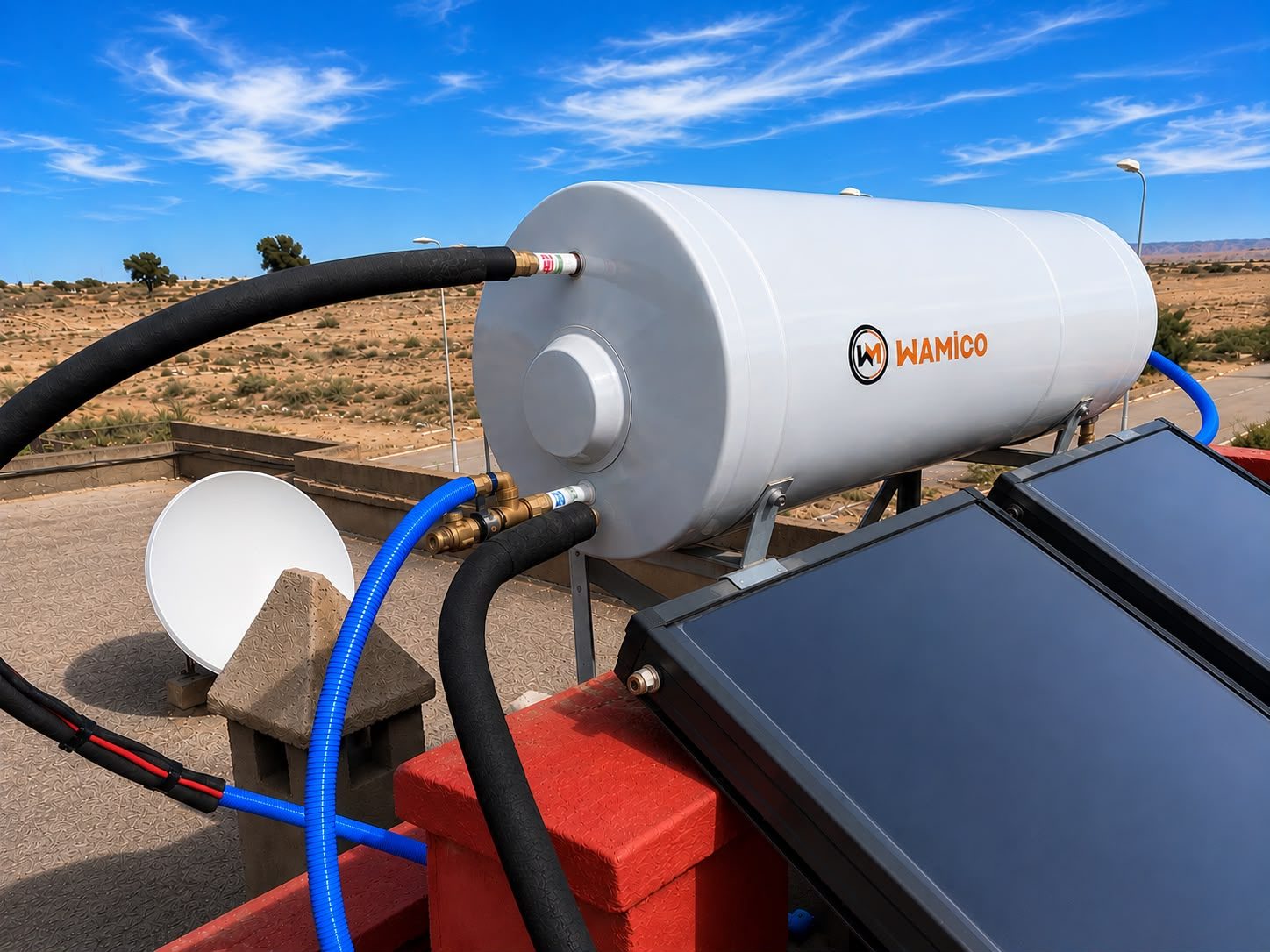Cuve de chauffe-eau solaire WAMICO en acier galvanisé, installée en toiture terrasse et raccordée à des capteurs solaires plans